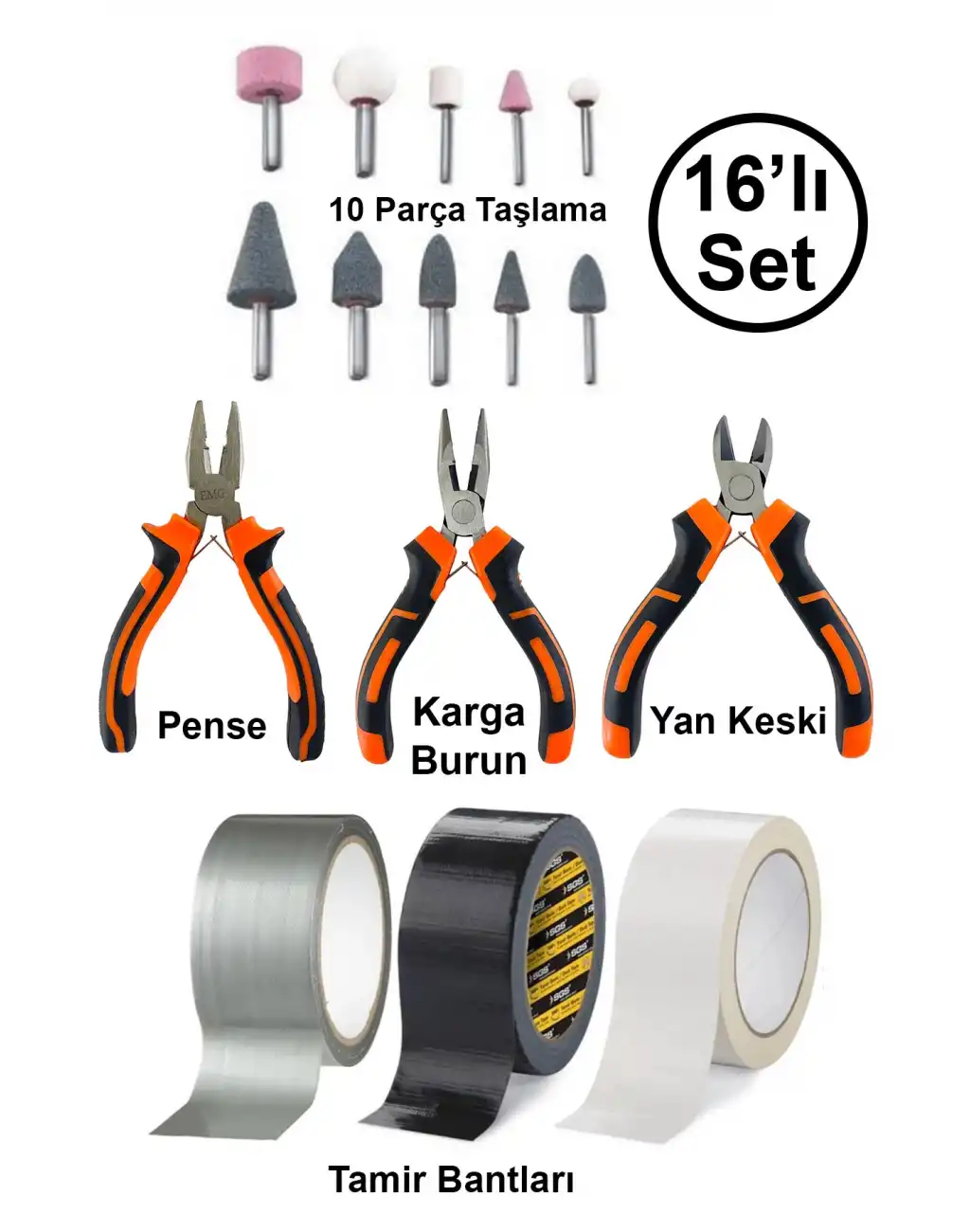 Mini Hobi Karga Burun Yan Keski Pense 10lu Taşlama Uç Çok Amaçlı Siyah Beyaz Gri Tamir Bandı Seti