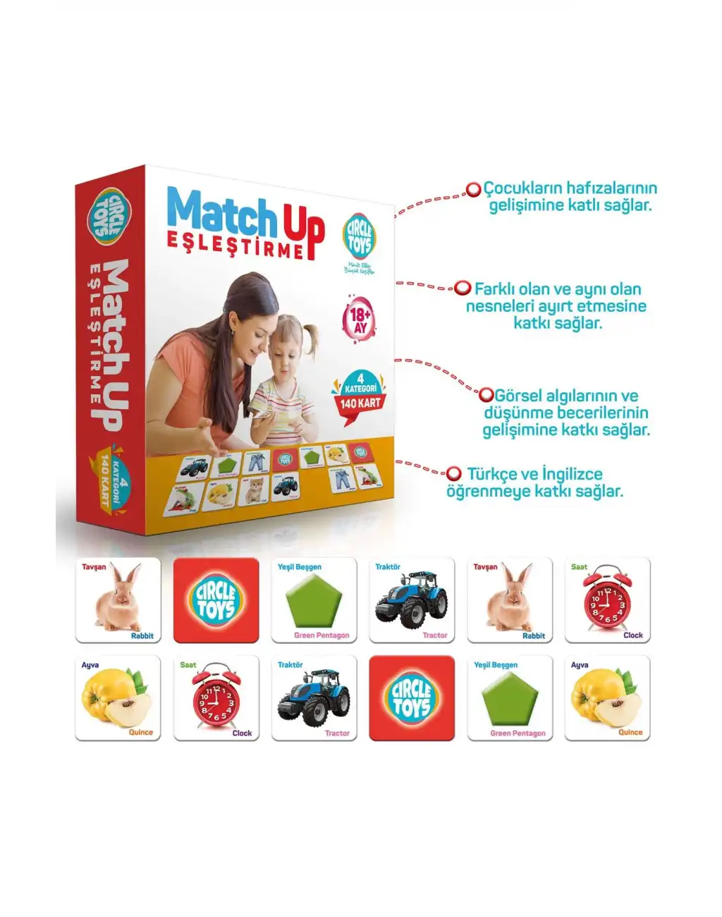 Match Up Eşleştirme Hafıza Gelişimi Görsel Algı Düşünme Becerisi Türkçe ve İngilizce Öğrenme Oyunu