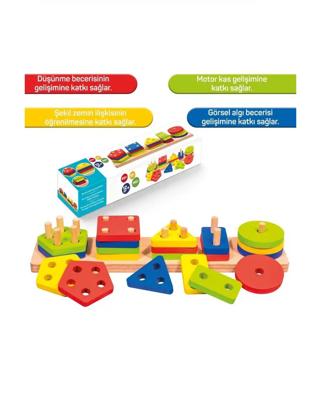 Eğitici Ahşap Geometrik Şekiller Geçirmeli Bultak Yerleştirme Oyunu 5li Puzzle Zeka Geliştirme