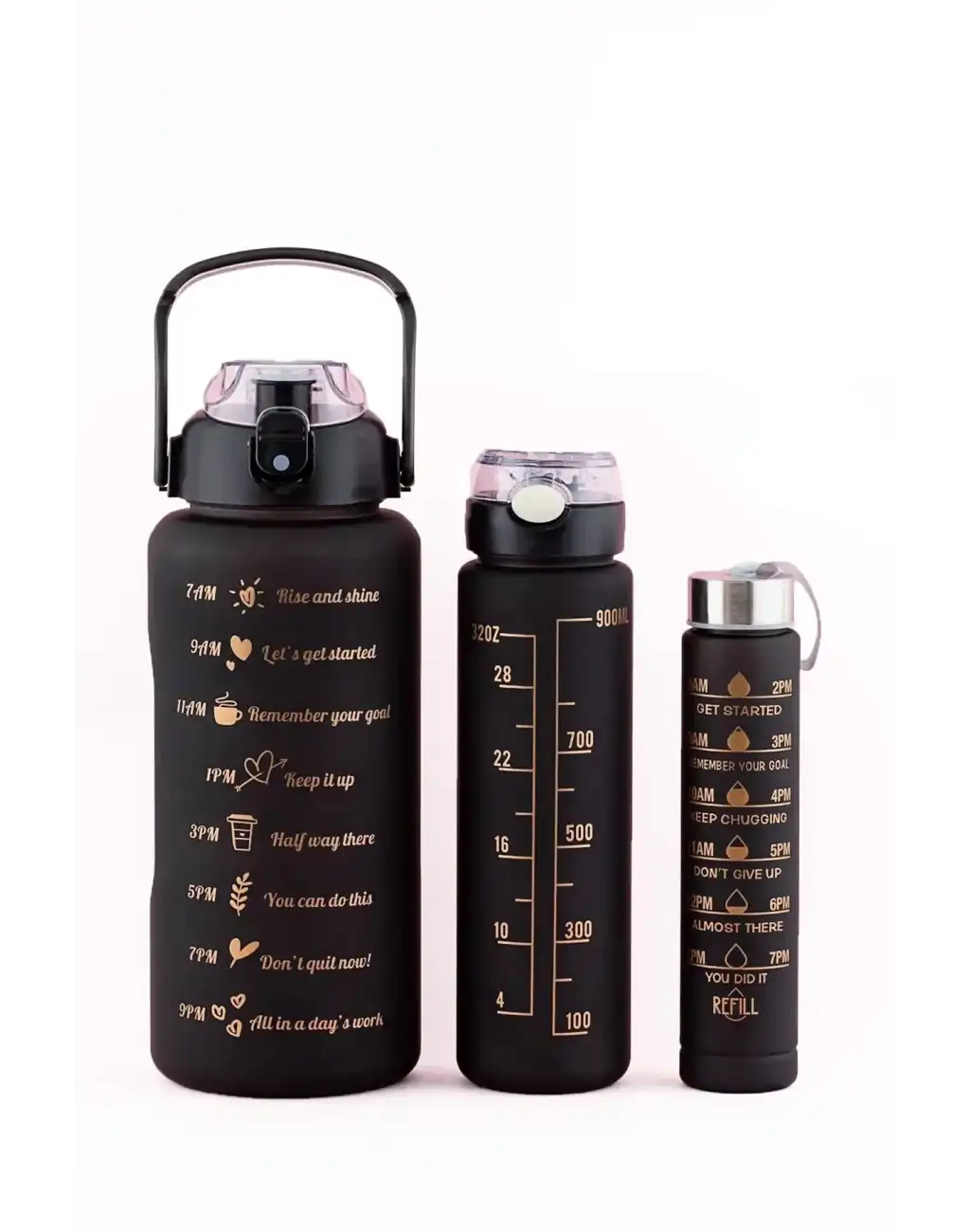 3lü Siyah Motivasyonel Set Su Matarası Şişesi Suluk 2 lt 900 ml 500 ml Tritan Spor Okul Ofis Günlük