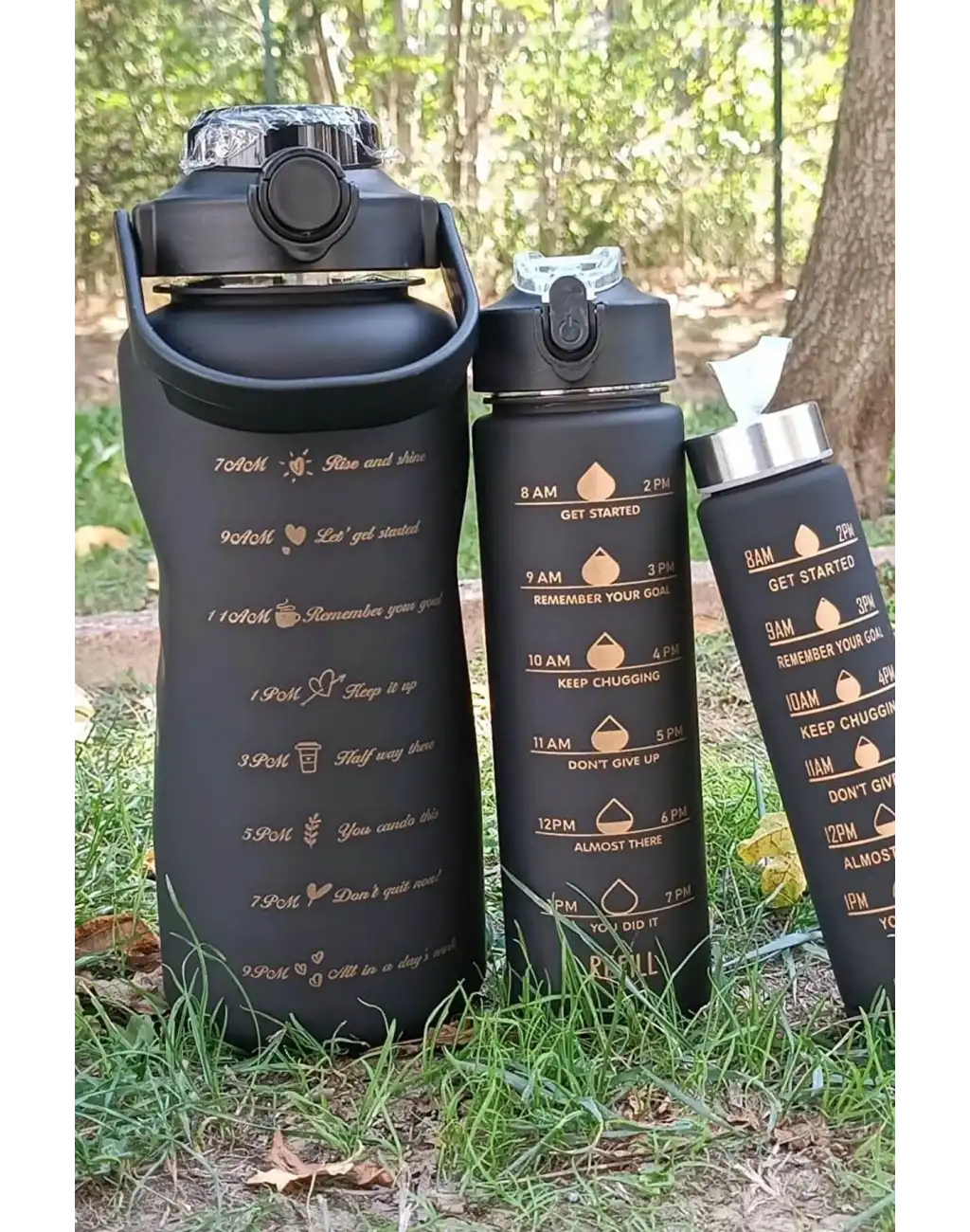 3lü Siyah Motivasyonel Set Su Matarası Şişesi Suluk 2 lt 900 ml 500 ml Tritan Spor Okul Ofis Günlük