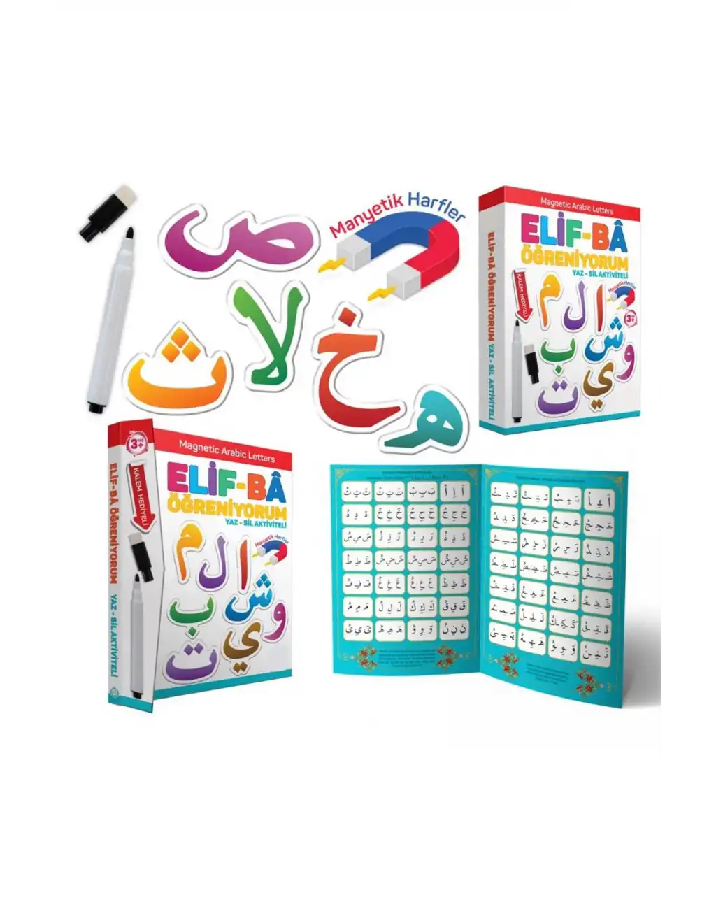 Elif Ba Öğreniyorum Yaz Sil Aktivite Manyetik Kalem Hediyeli Arabic Letters Arapça Alfabe Eğitim Set