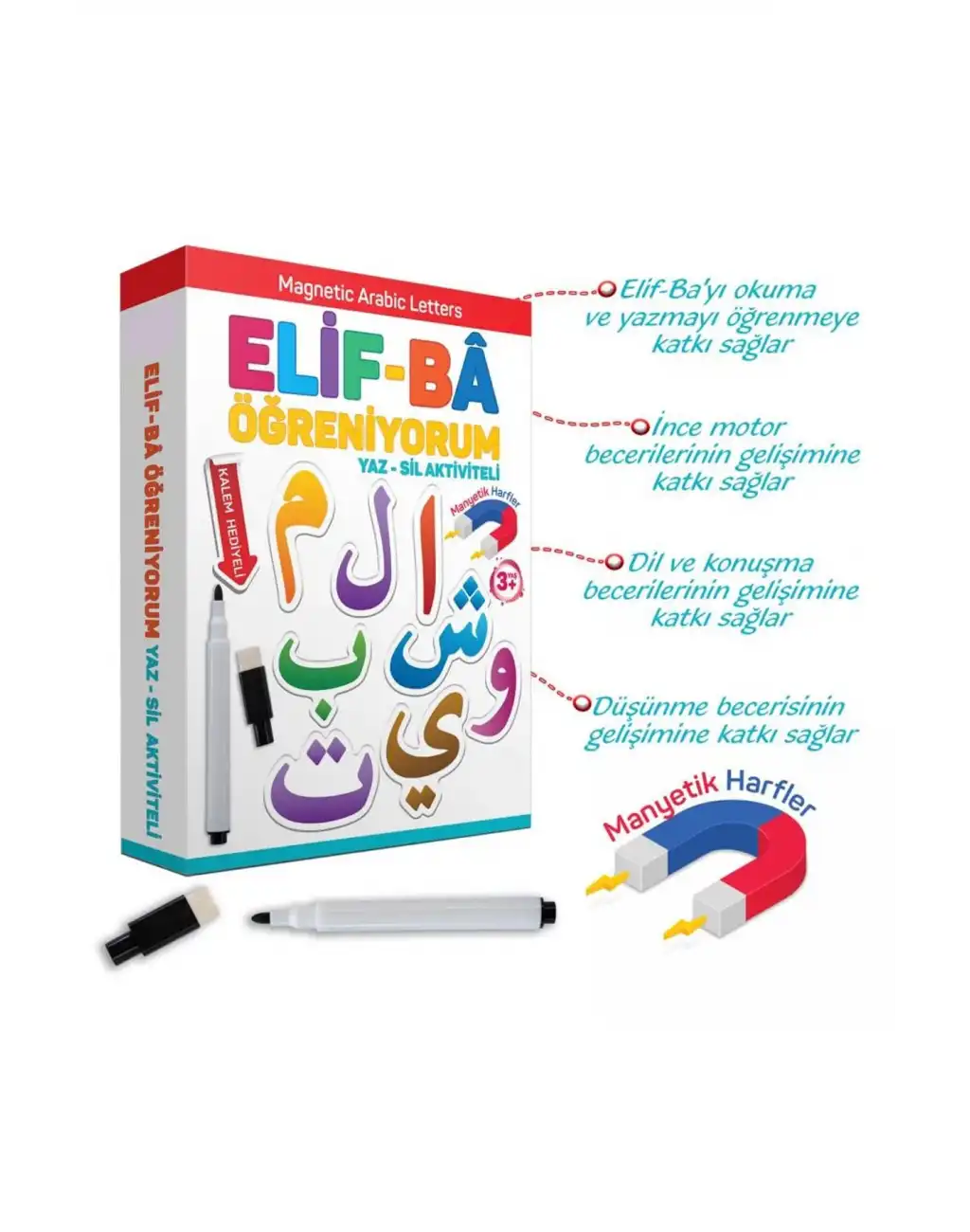 Elif Ba Öğreniyorum Yaz Sil Aktivite Manyetik Kalem Hediyeli Arabic Letters Arapça Alfabe Eğitim Set