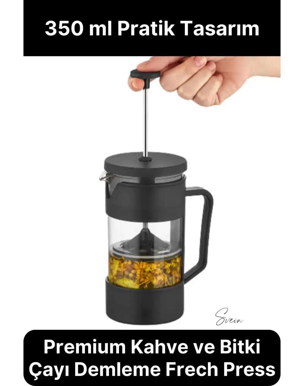Premium Kahve ve Bitki Çayı Demleme Hazırlayıcı French Press Pratik Kulplu Demlik 350 ml Siyah