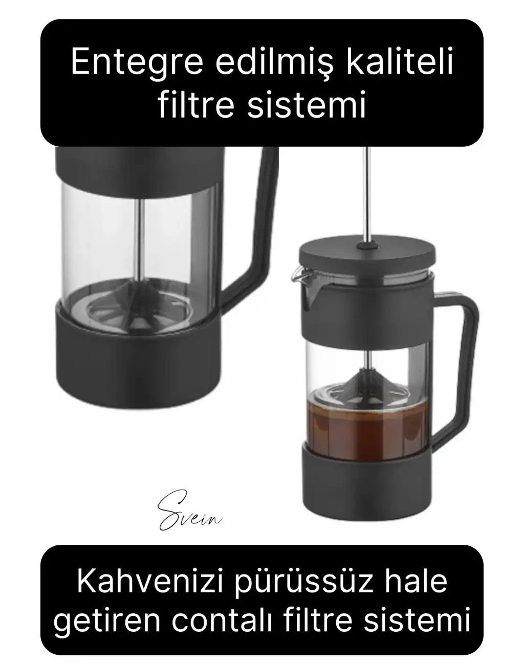 Premium Kahve ve Bitki Çayı Demleme Hazırlayıcı French Press Pratik Kulplu Demlik 350 ml Siyah