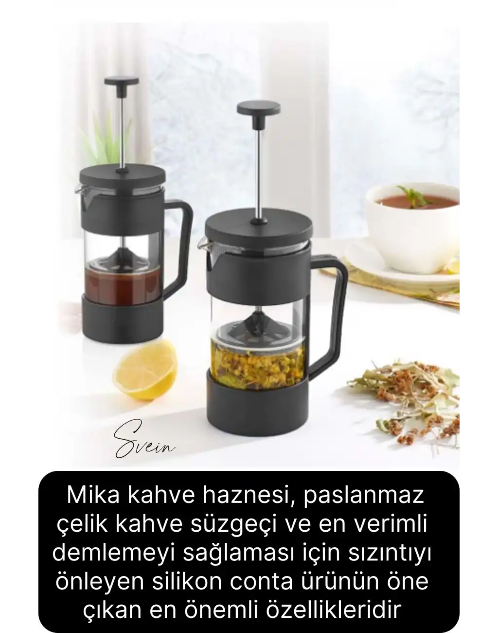 Premium Kahve ve Bitki Çayı Demleme Hazırlayıcı French Press Pratik Kulplu Demlik 350 ml Siyah
