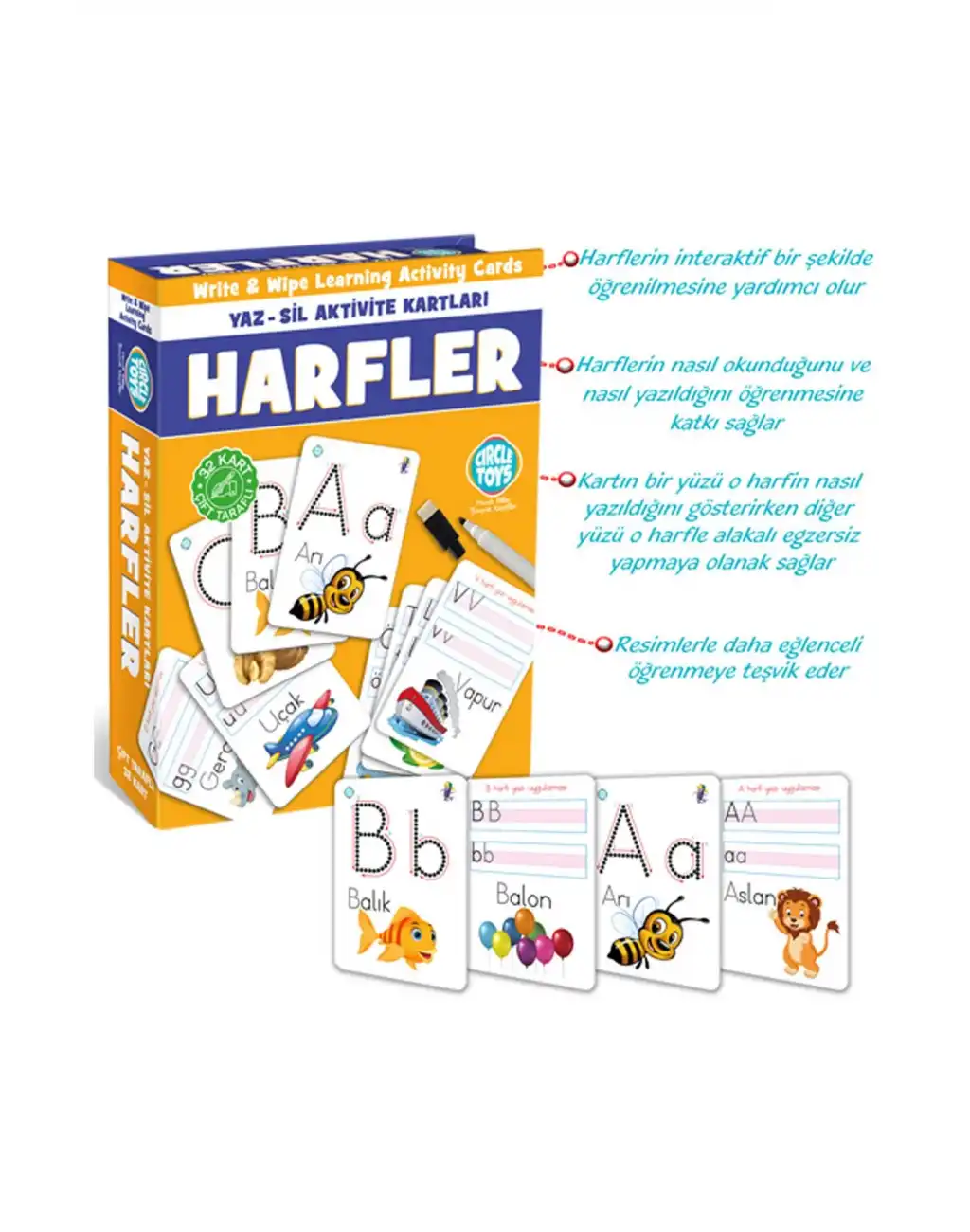 Premium Eğitici Öğretici Harfler Yaz Sil Aktivite Kartları Çift Taraflı Alfabe Seti Okul Öncesi