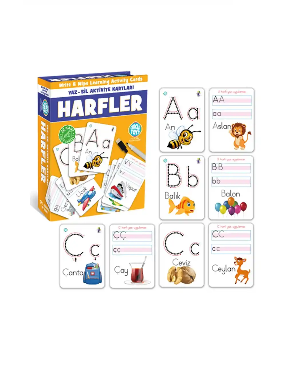 Premium Eğitici Öğretici Harfler Yaz Sil Aktivite Kartları Çift Taraflı Alfabe Seti Okul Öncesi