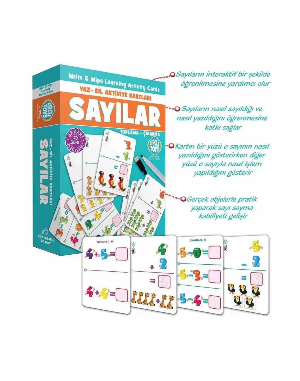 Sayılar Yaz Sil Aktivite Kartları Çift Taraflı 32li Eğitici Öğretici Okul Öncesi Zeka Kalemli Kutu