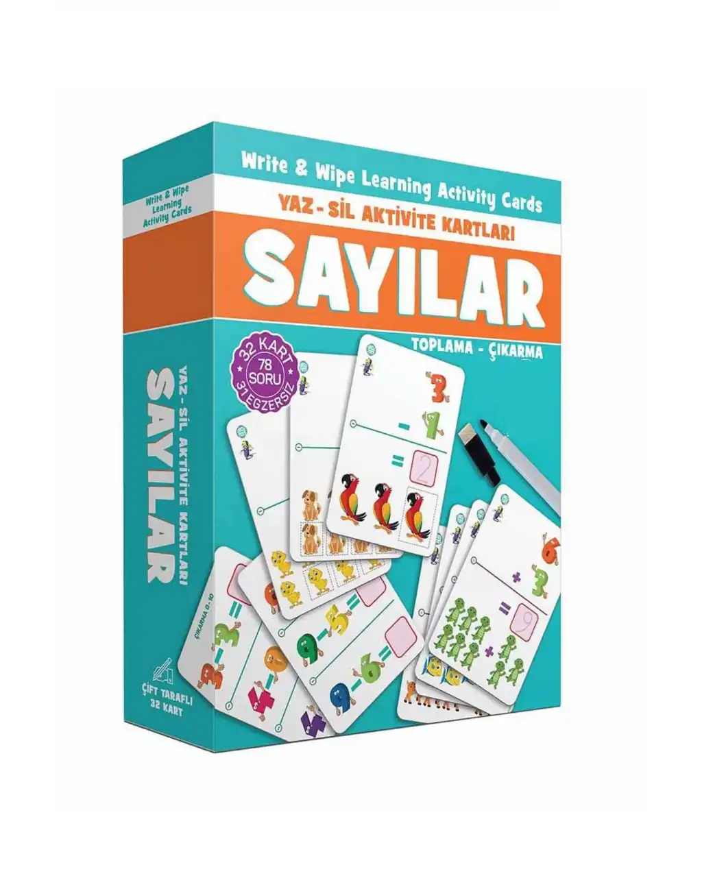 Sayılar Yaz Sil Aktivite Kartları Çift Taraflı 32li Eğitici Öğretici Okul Öncesi Zeka Kalemli Kutu