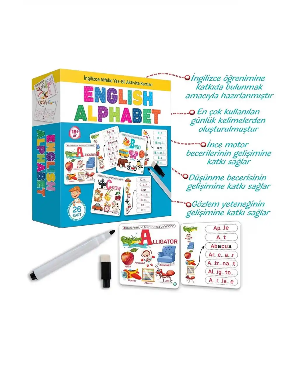 English Alphabet İngilizce Alfabe Yaz-sil Aktivite Kartları Eğitici Öğretici İlk Kelimeler Dil Seti