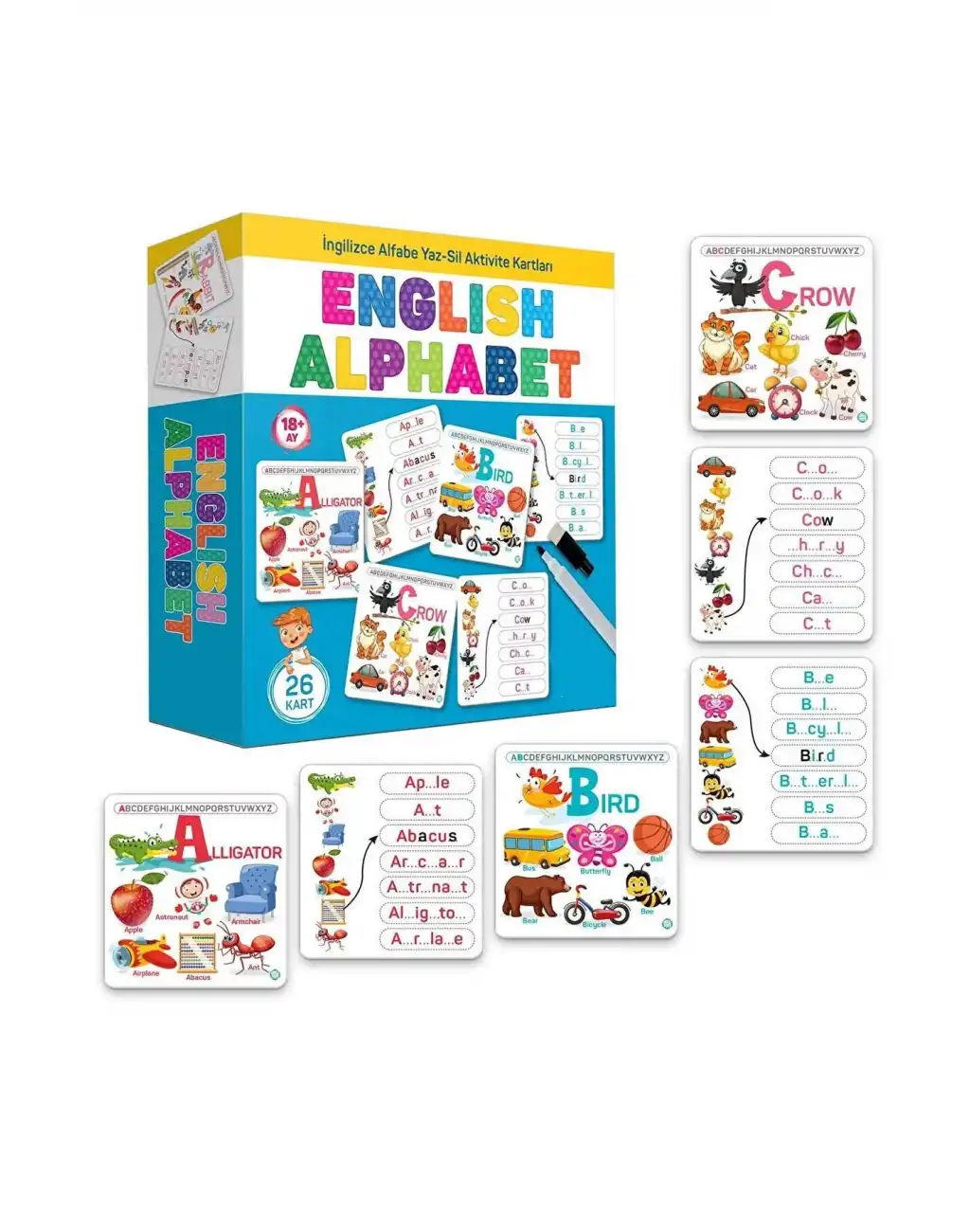 English Alphabet İngilizce Alfabe Yaz-sil Aktivite Kartları Eğitici Öğretici İlk Kelimeler Dil Seti