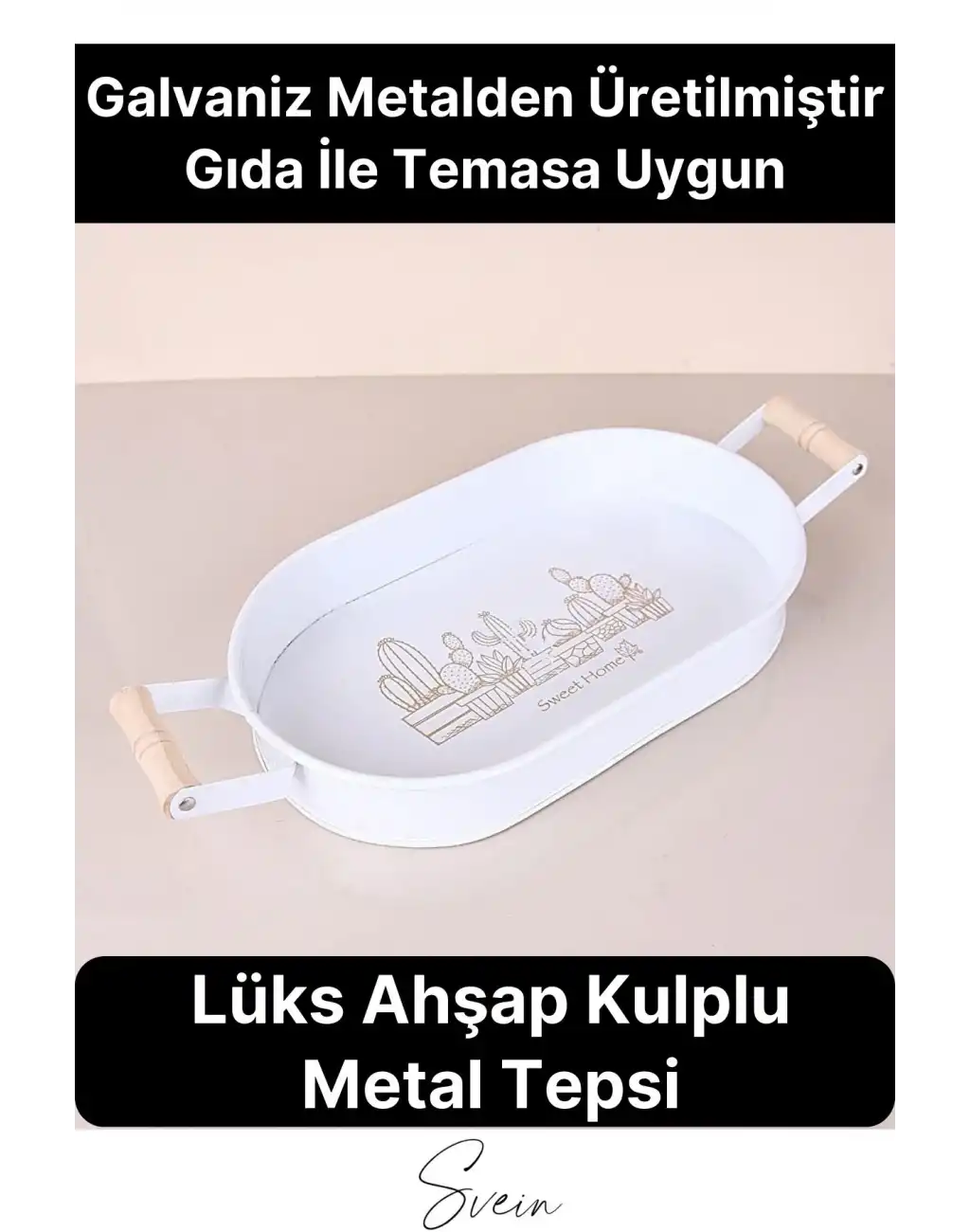 Lüks Ahşap Kulplu Geniş Metal Oval Krem Renk Servis Sunum Tepsi Sweet Home Yazılı Dekoratif Modern