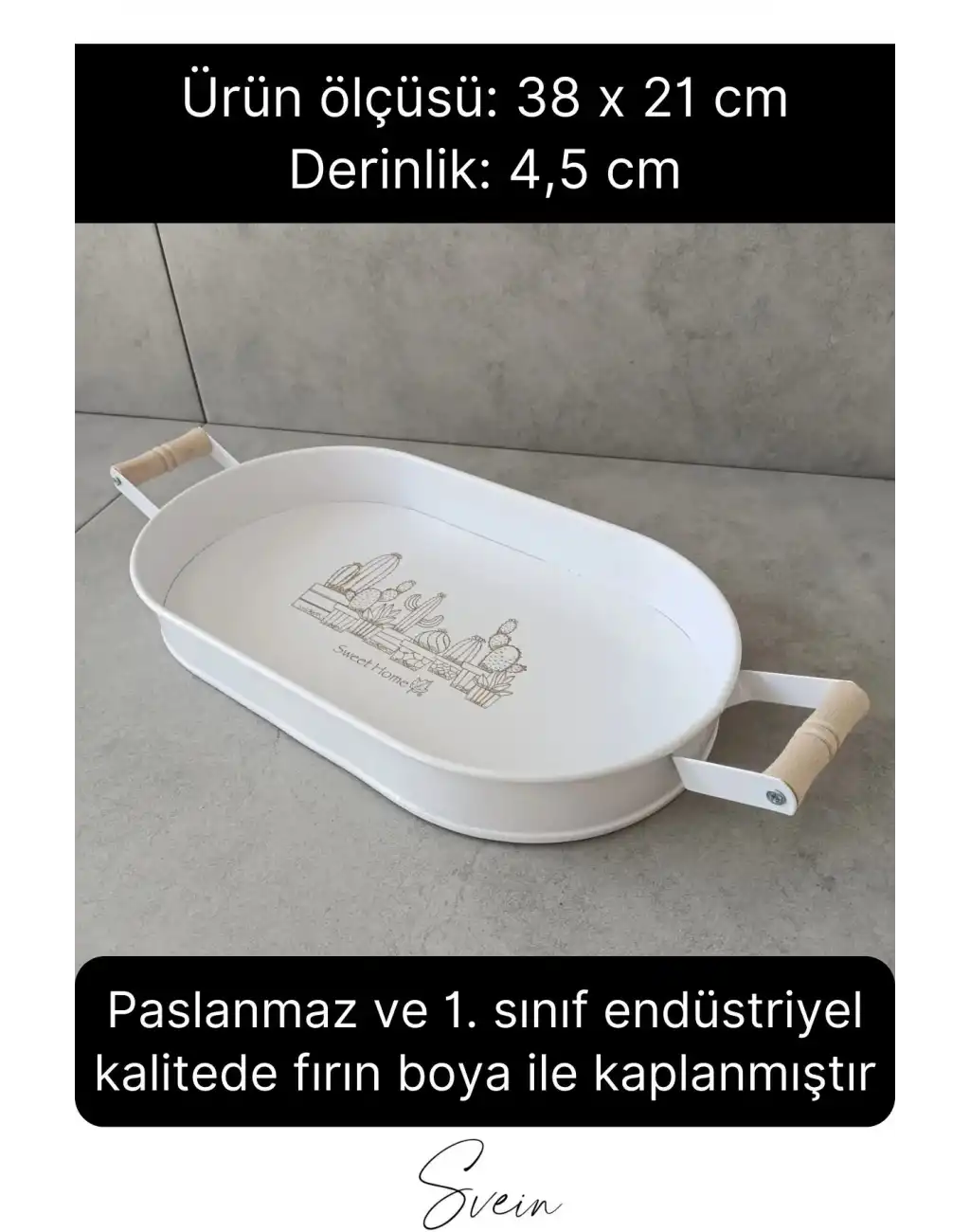 Lüks Ahşap Kulplu Geniş Metal Oval Krem Renk Servis Sunum Tepsi Sweet Home Yazılı Dekoratif Modern