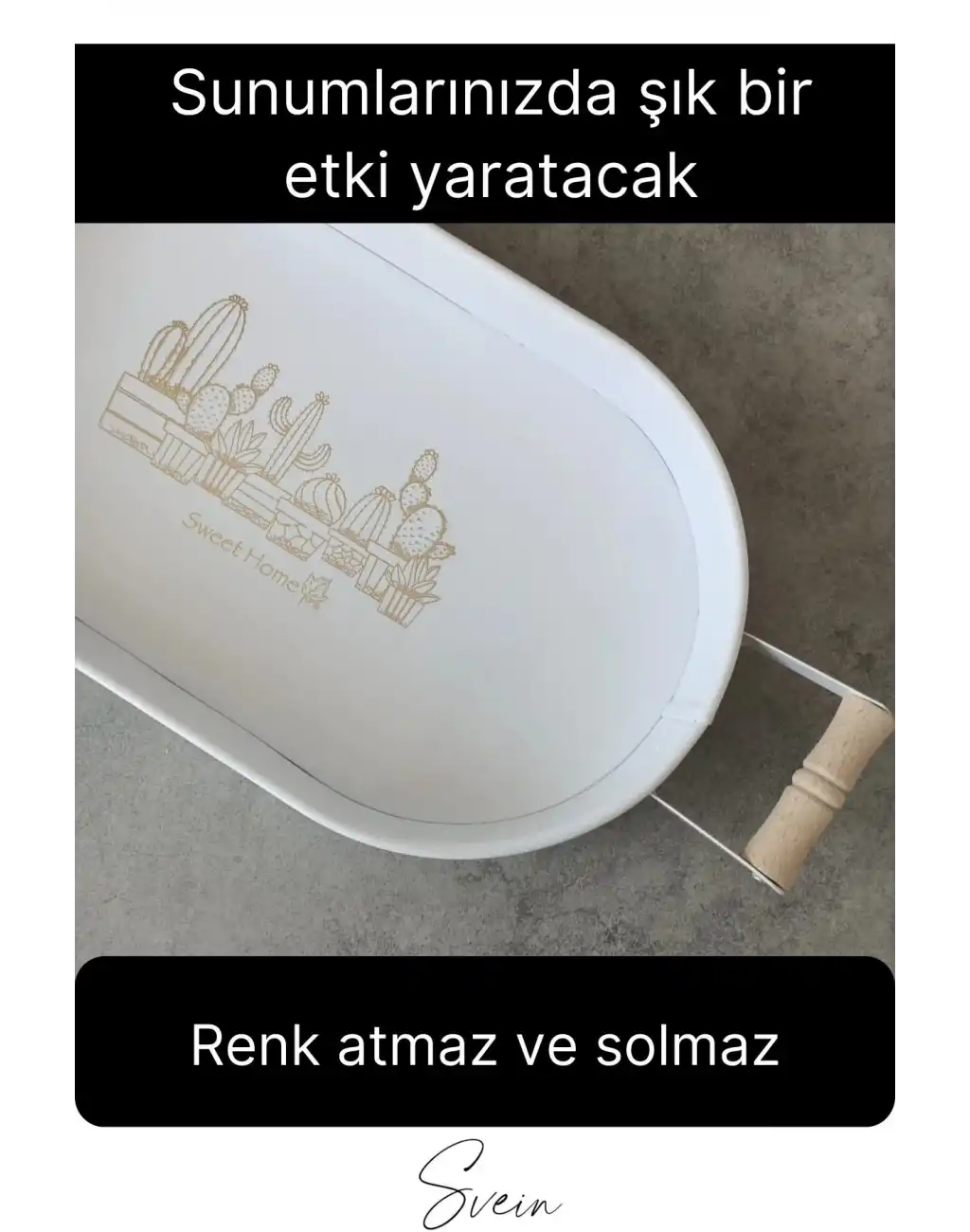 Lüks Ahşap Kulplu Geniş Metal Oval Krem Renk Servis Sunum Tepsi Sweet Home Yazılı Dekoratif Modern