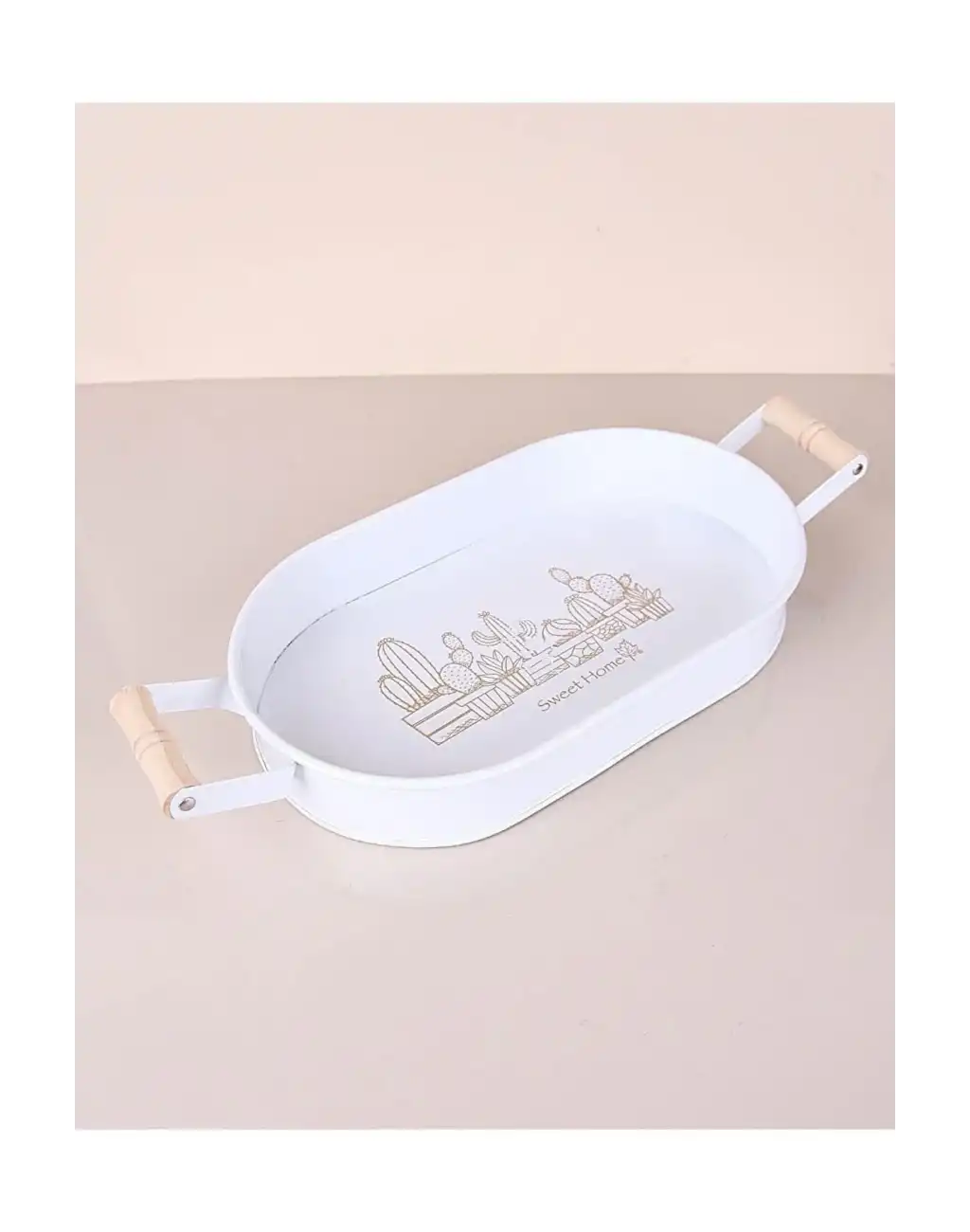 Lüks Ahşap Kulplu Geniş Metal Oval Krem Renk Servis Sunum Tepsi Sweet Home Yazılı Dekoratif Modern