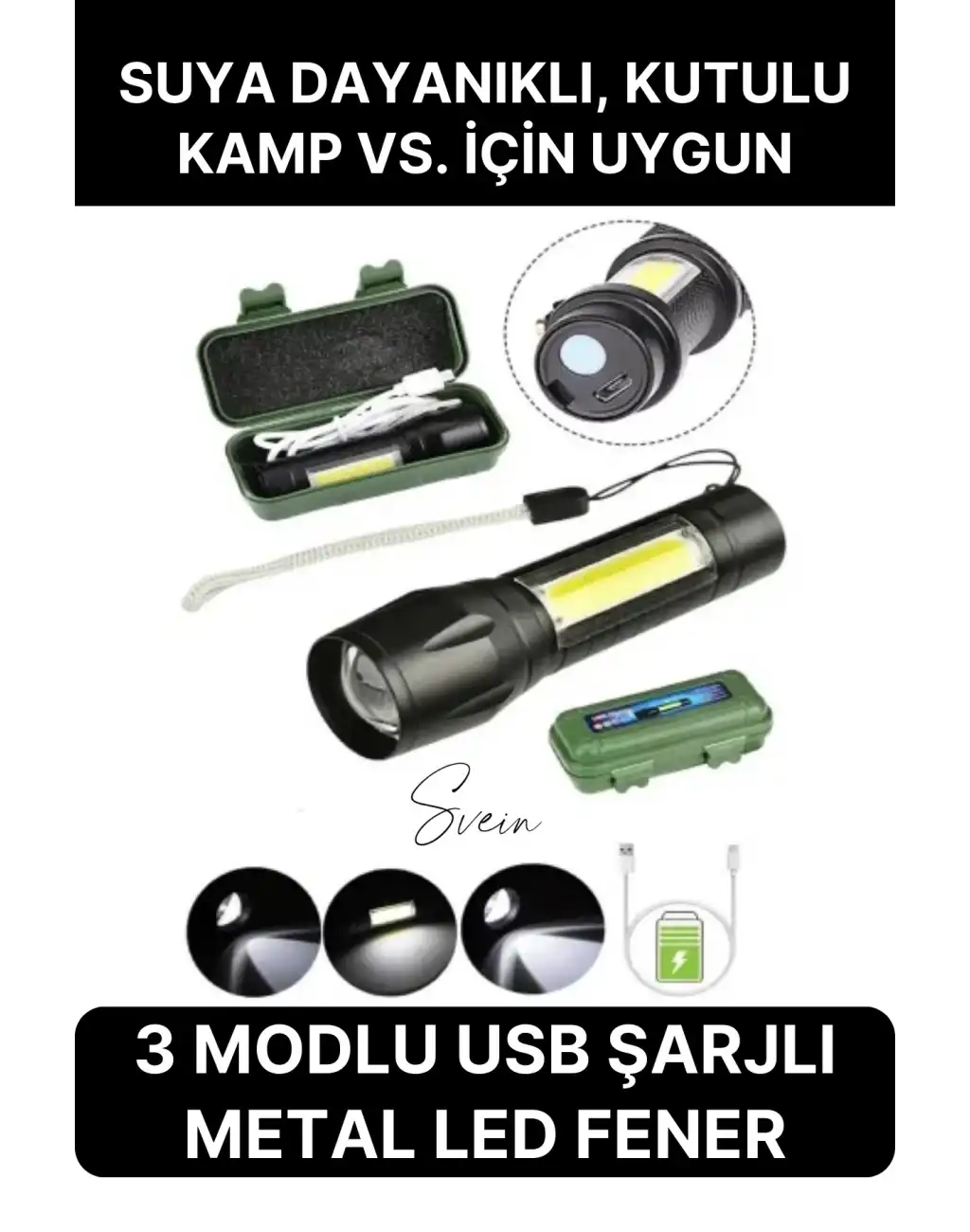 3 Modlu Güçlü Usb Type-C Şarjlı Mini Su Geçirmez Metal Taşınabilir Kutulu Kamp Işık Led El Feneri