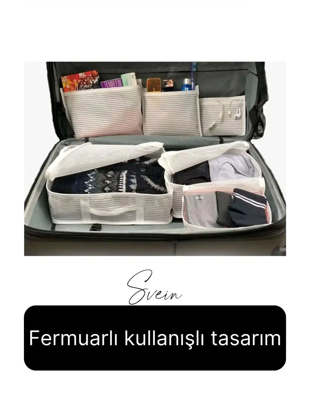 6lı Valiz Bavul Düzenleyici Seyahat Çantası Organizer Hurç Set Fermuarlı Gri Çizgi Fileli