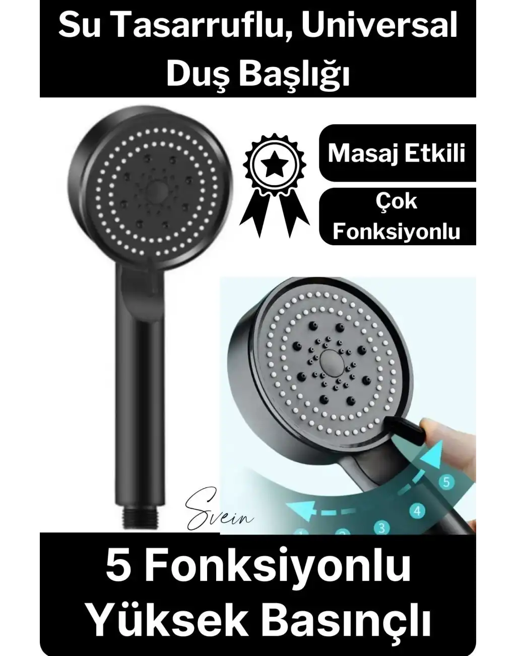 5 Fonksiyonlu Yüksek Basınçlı Ayarlanabilir Uzun Ömürlü Universal Su Tasarruflu Siyah Duş Başlığı