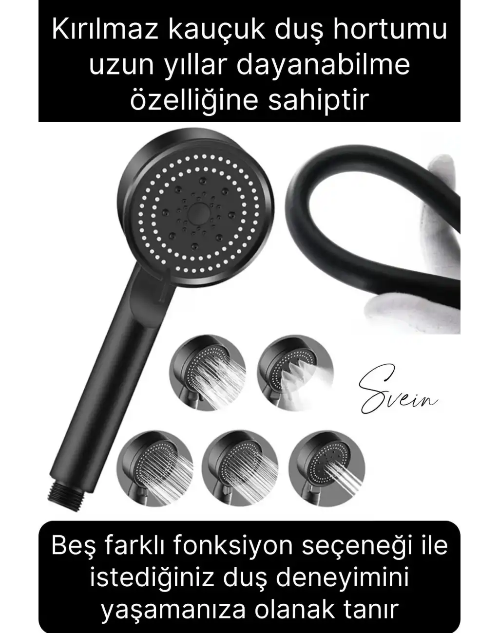 Premium Duş Seti 5 Fonksiyonlu Tasarruflu Başlık Esnek Kırılmaz Çatlamaz Paslanmaz Sızdırmaz Hortum