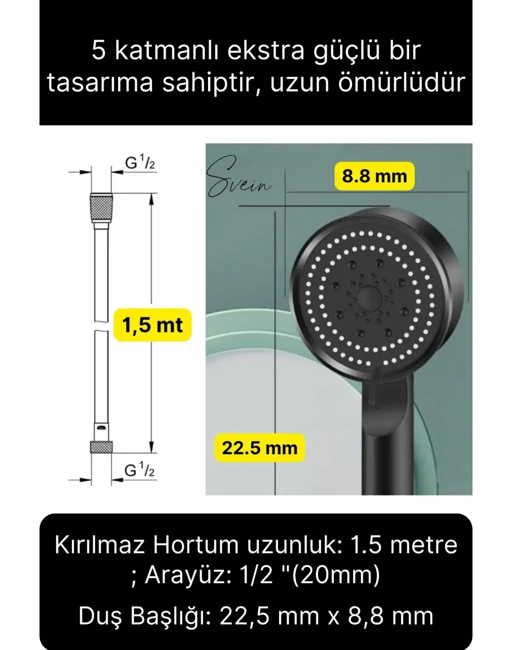 Premium Duş Seti 5 Fonksiyonlu Tasarruflu Başlık Esnek Kırılmaz Çatlamaz Paslanmaz Sızdırmaz Hortum