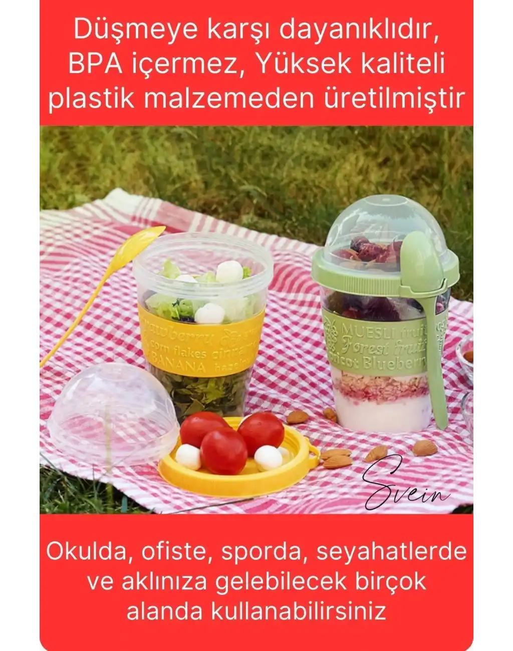 Pratik Sızdırmaz Kapaklı Bölmeli Kaşıklı Taşınabilir Yiyecek Mama Ara Öğün Yoğurt Diyet Saklama Kabı