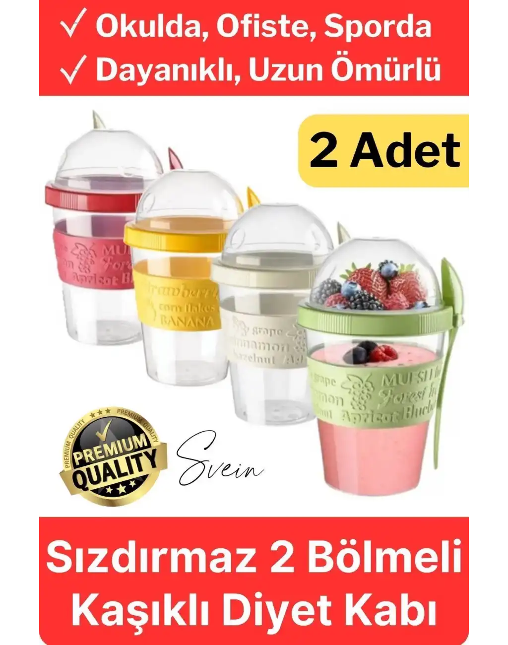 Pratik Sızdırmaz Kapaklı Bölmeli Kaşıklı Taşınabilir Yiyecek Mama Ara Öğün Yoğurt Diyet Saklama Kabı