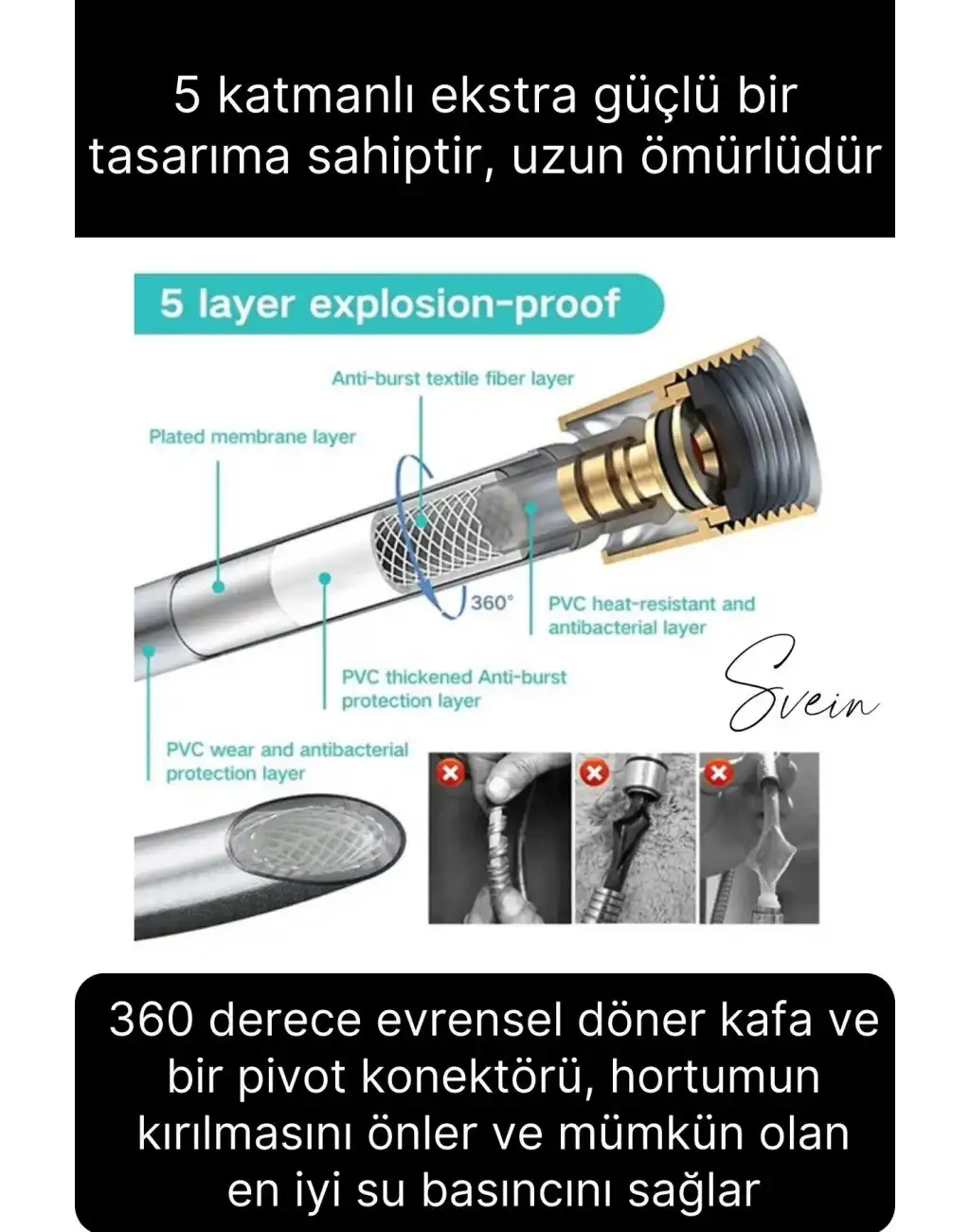 Premium Duş Seti 3 Fonksiyonlu Tasarruflu Başlık Esnek Kırılmaz Çatlamaz Paslanmaz Sızdırmaz Hortum