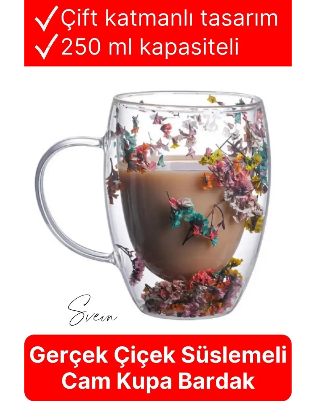 Premium Kurutulmuş Çiçekli Şık Çift Katman Cam Kupa Bardak Hediyelik Kulplu Fincan 250 ml