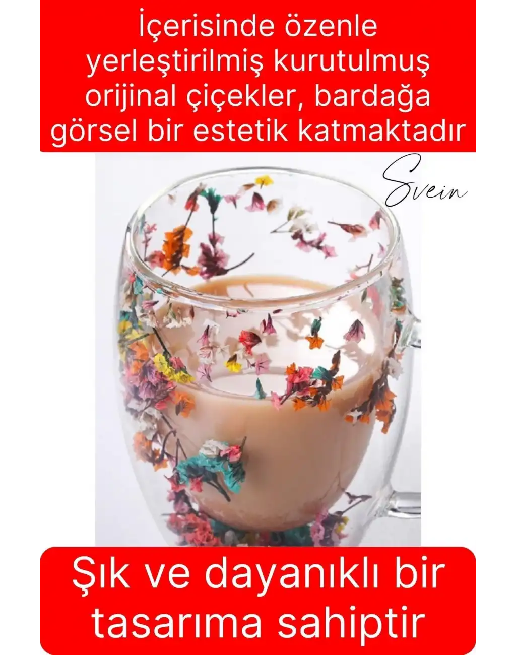 Premium Kurutulmuş Çiçekli Şık Çift Katman Cam Kupa Bardak Hediyelik Kulplu Fincan 250 ml