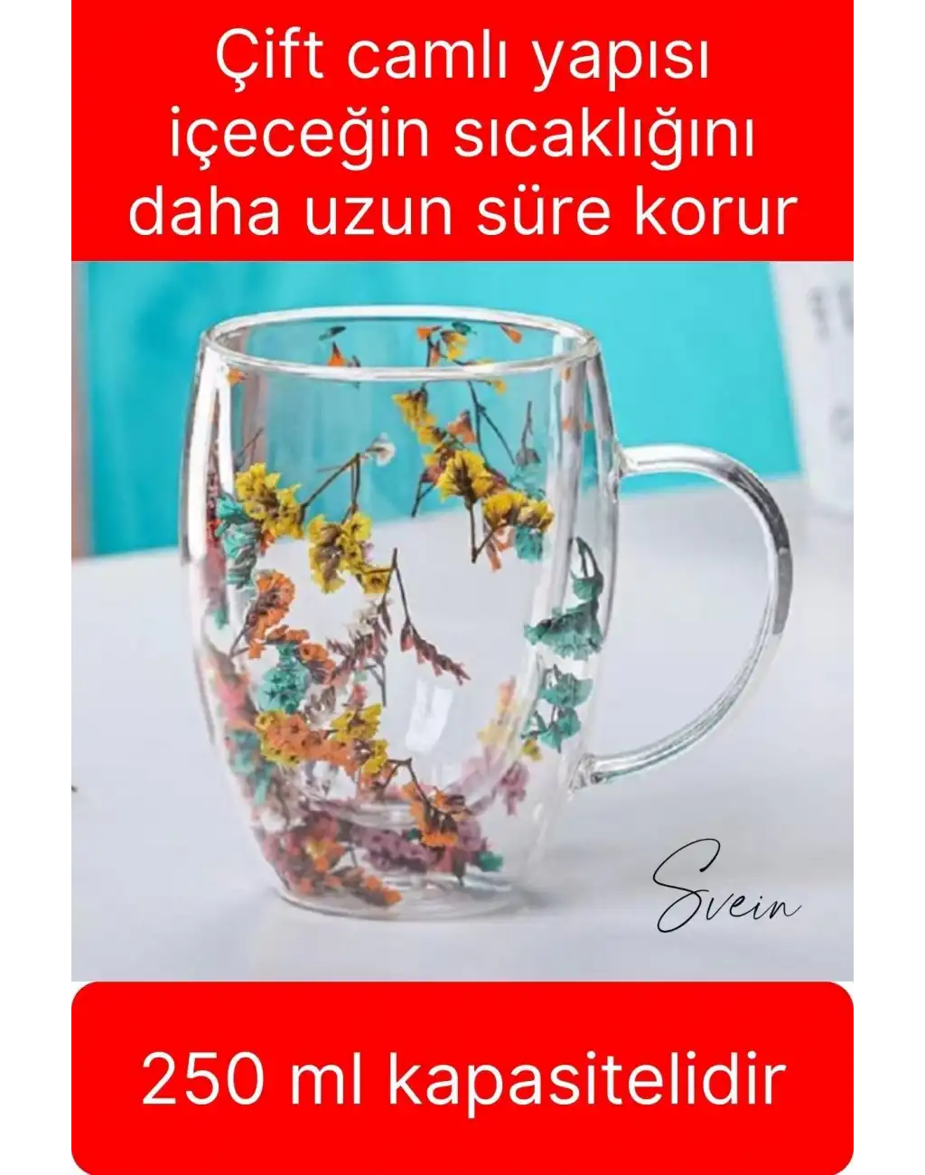 Premium Kurutulmuş Çiçekli Şık Çift Katman Cam Kupa Bardak Hediyelik Kulplu Fincan 250 ml