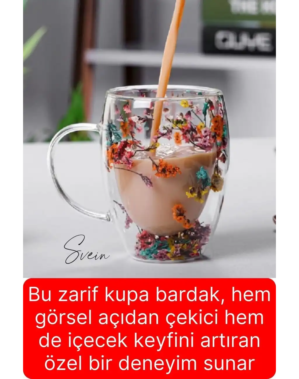 Premium Kurutulmuş Çiçekli Şık Çift Katman Cam Kupa Bardak Hediyelik Kulplu Fincan 250 ml