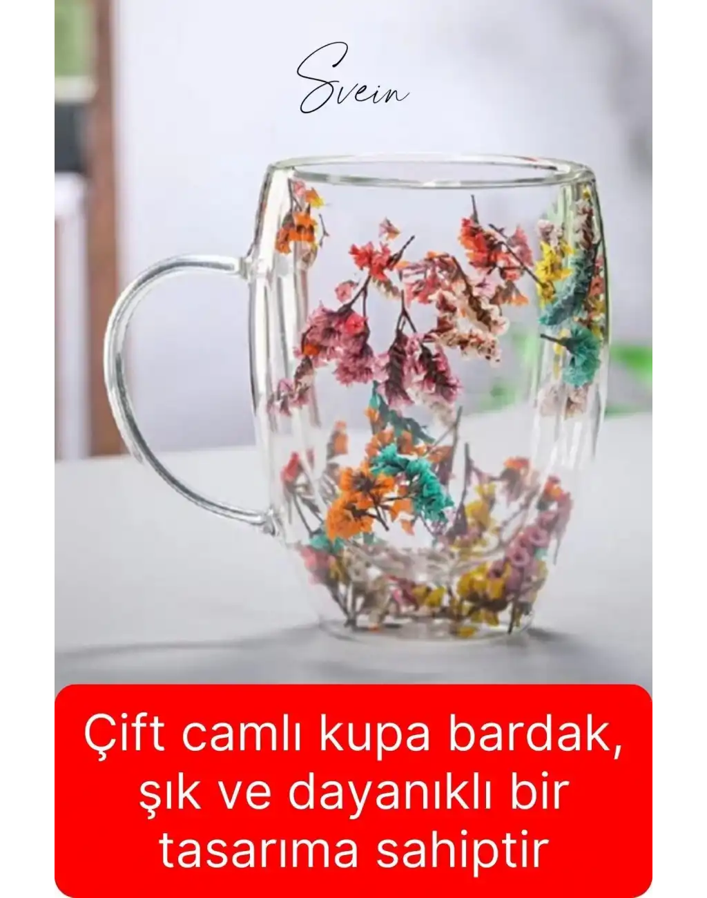 Premium Kurutulmuş Çiçekli Şık Çift Katman Cam Kupa Bardak Hediyelik Kulplu Fincan 250 ml