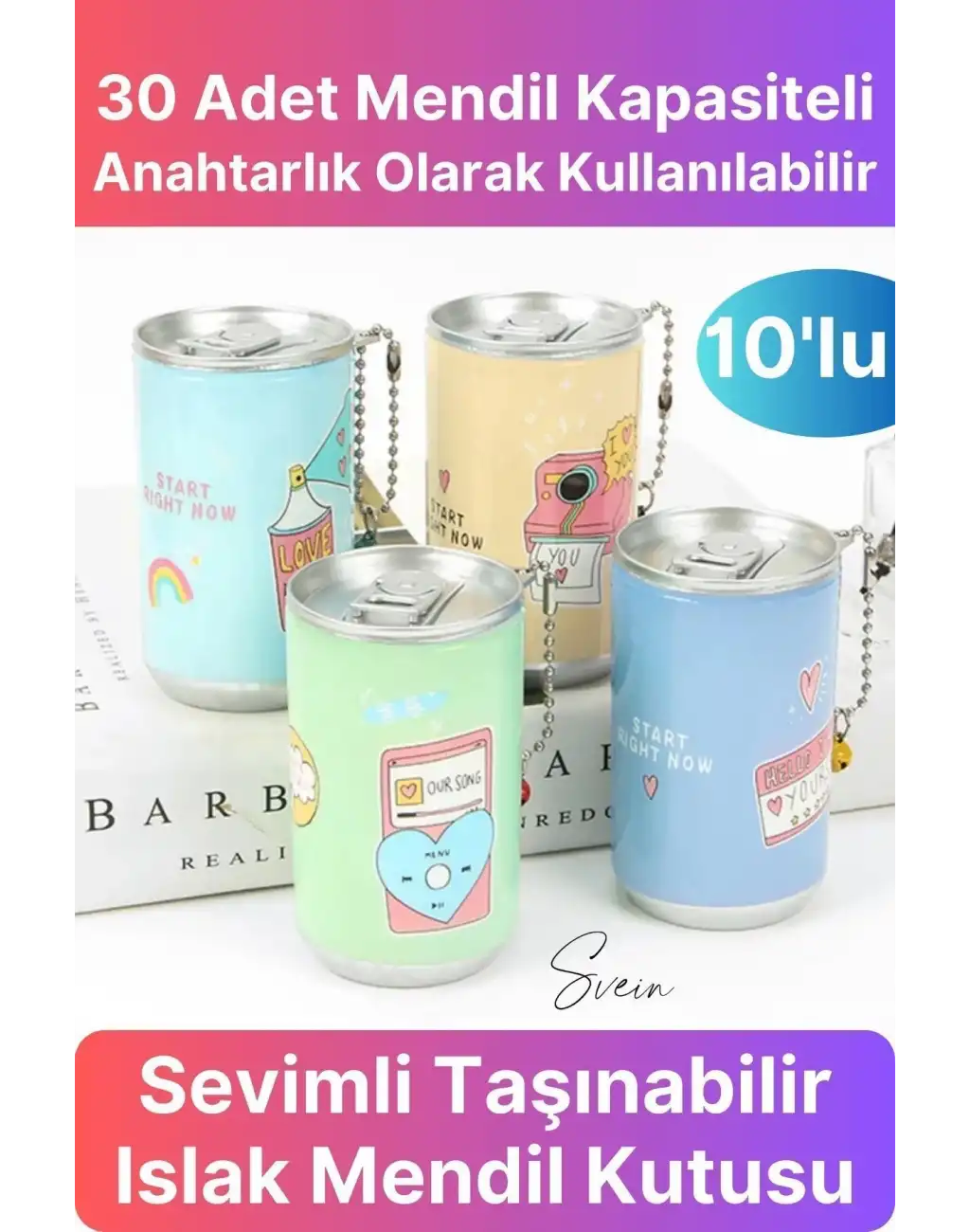 10lu Fenomen Sevimli Teneke Kutu Görünümlü Islak Mendil Saklama Kutusu Kabı Anahtarlık Çanta Süsü