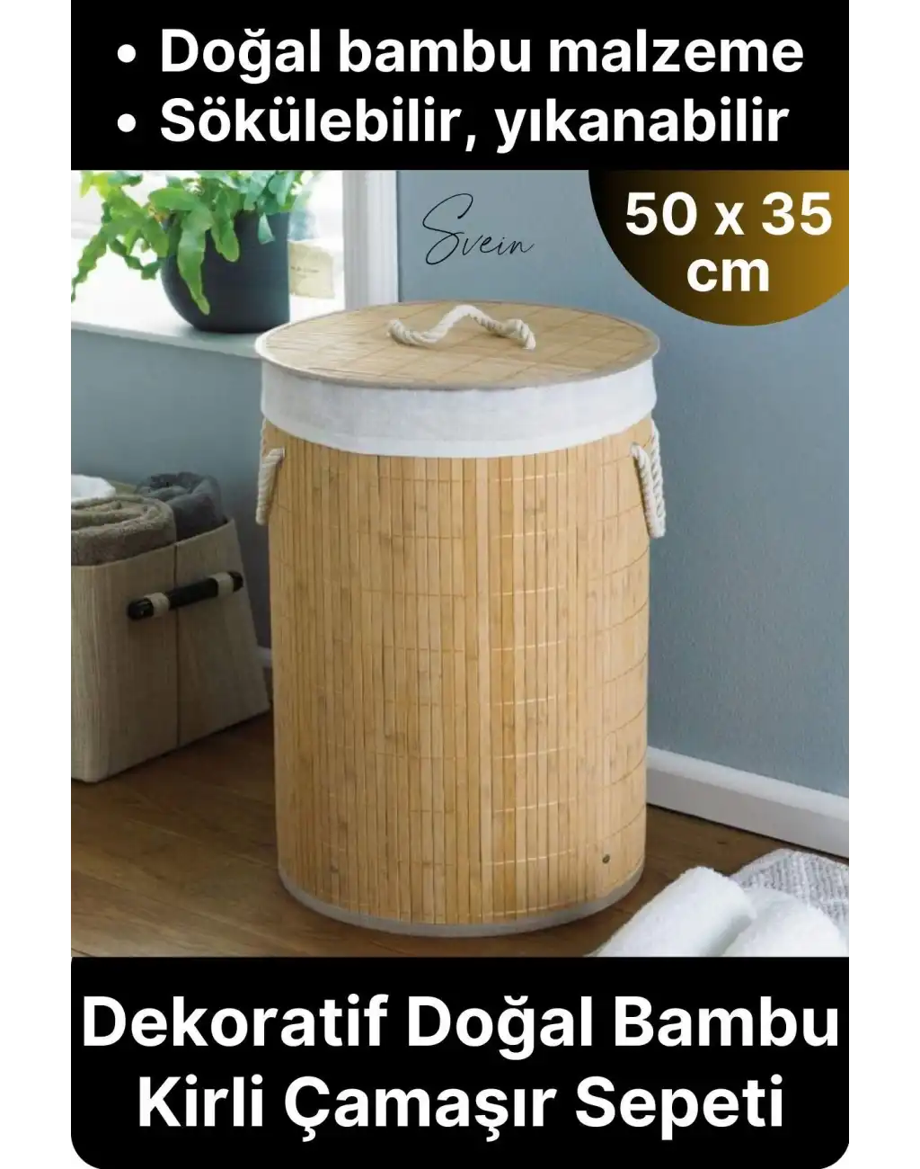 Premium Yuvarlak Bambu Kirli Çamaşır Sepeti Dekoratif Katlanabilir Yıkanabilir Geniş Hacim Hazneli