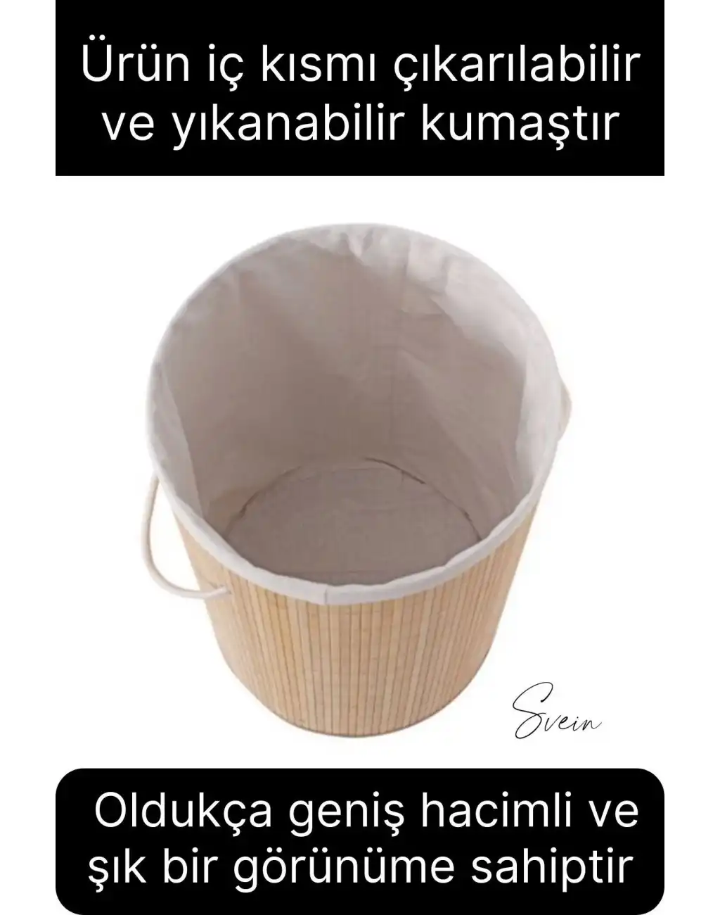 Premium Yuvarlak Bambu Kirli Çamaşır Sepeti Dekoratif Katlanabilir Yıkanabilir Geniş Hacim Hazneli