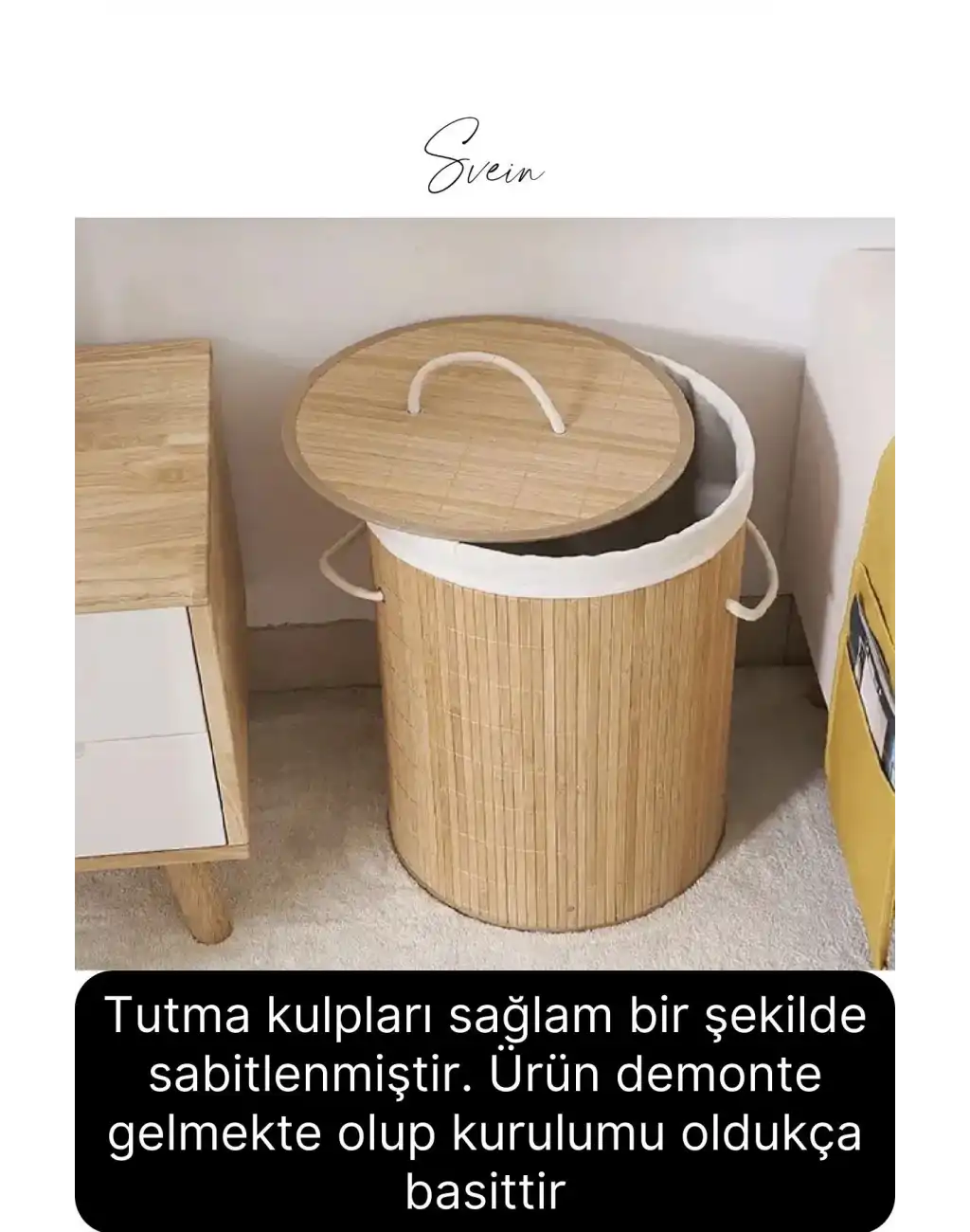 Premium Yuvarlak Bambu Kirli Çamaşır Sepeti Dekoratif Katlanabilir Yıkanabilir Geniş Hacim Hazneli