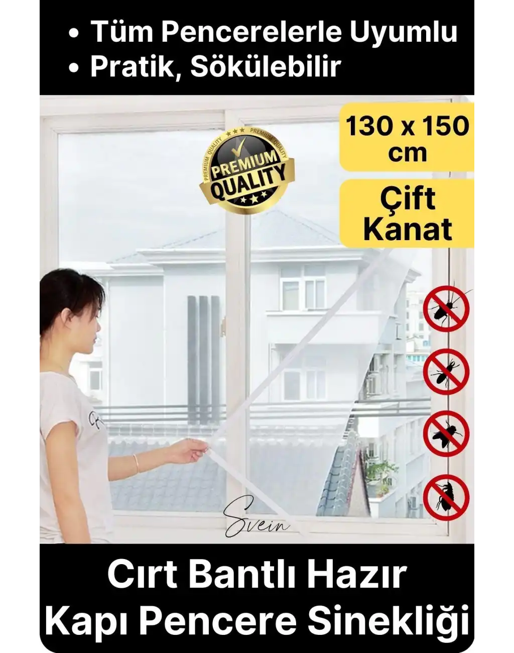 Pratik Tüm Cam Pencere Kapılara Uyumlu Çift Kanat Yırtılmaz Dayanıklı Kendinden Yapışkanlı Sineklik