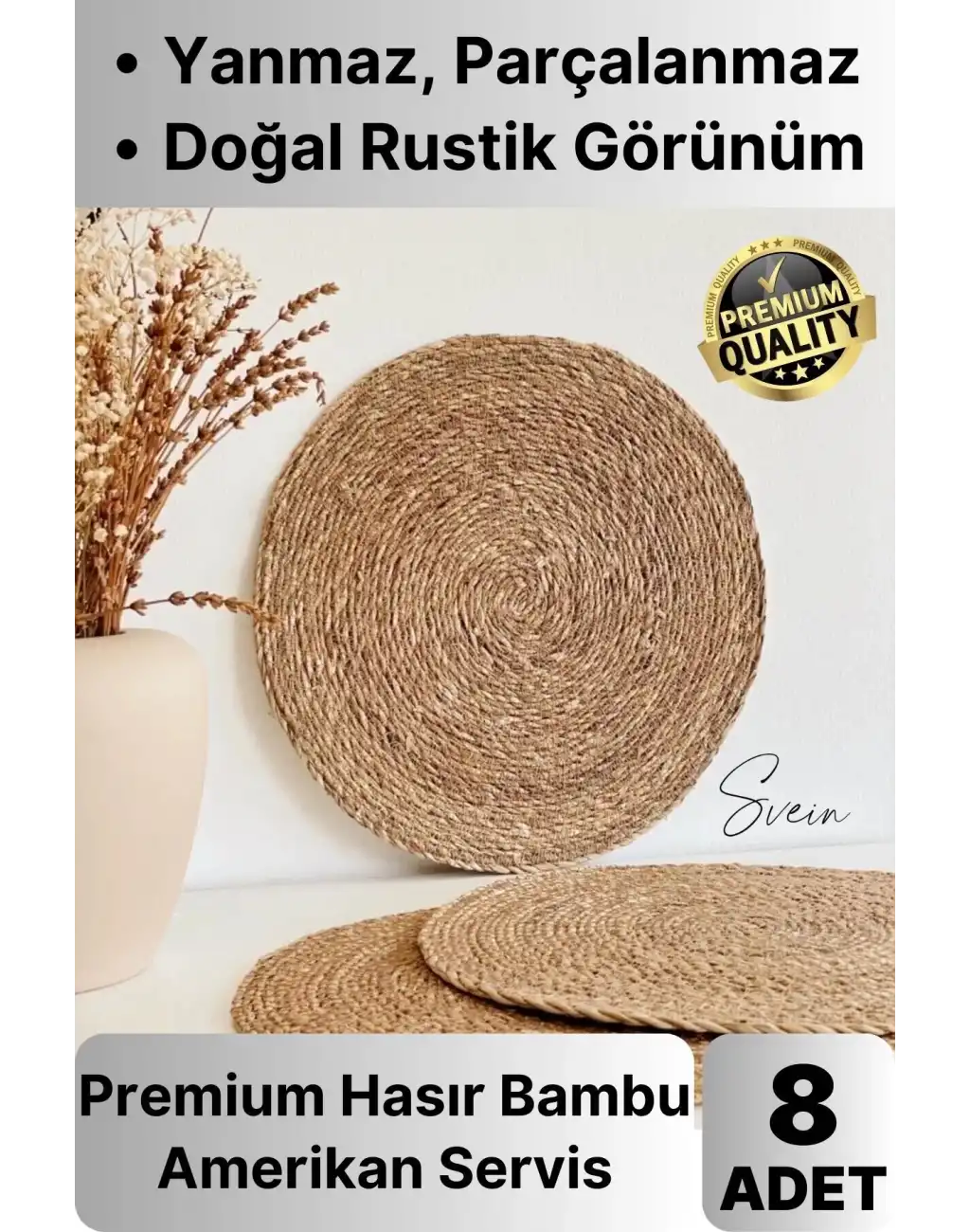 8li Premium Yuvarlak Hasır Bambu Amerikan Servis Örme Supla Sofra Yemek Masası Yanmaz Tabak Altlığı