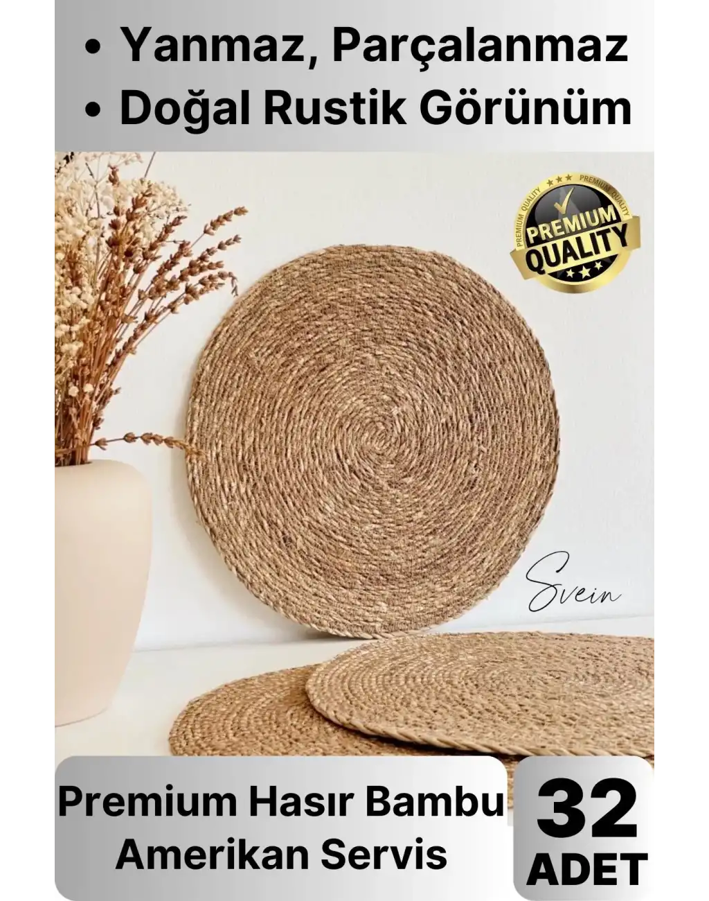 32li Premium Yuvarlak Hasır Bambu Amerikan Servis Örme Supla Sofra Yemek Masası Yanmaz Tabak Altlığı