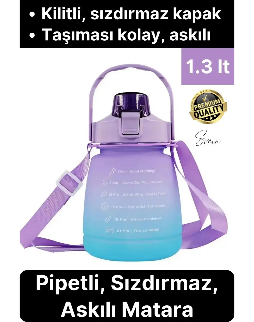 Askılı 1.3 Lt Pipetli Kilitli Sızdırmaz Kapak Tutacaklı Çift Renk Motivasyon Suluk Matara Kamp Okul