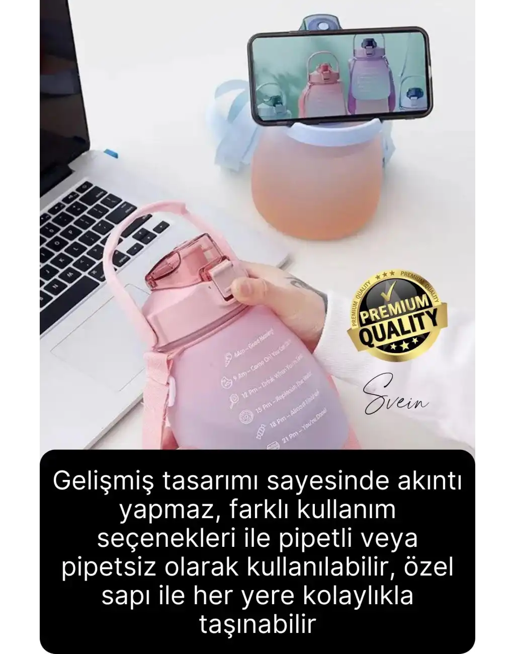 Askılı 1.3 Lt Pipetli Kilitli Sızdırmaz Kapak Tutacaklı Çift Renk Motivasyon Suluk Matara Kamp Okul