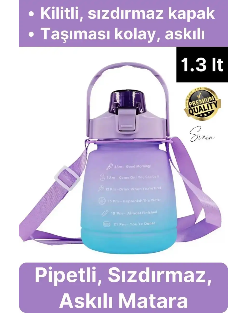 Askılı 1.3 Lt Pipetli Kilitli Sızdırmaz Kapak Çift Renk Motivasyon Suluk Matara Bpa İçermez Tritan