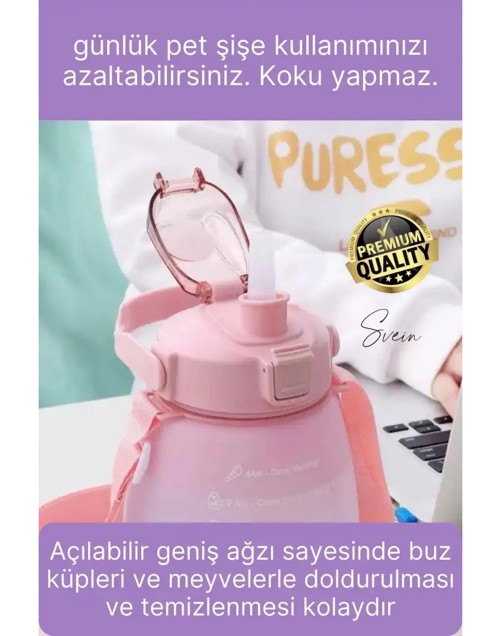 Askılı 1.3 Lt Pipetli Kilitli Sızdırmaz Kapak Çift Renk Motivasyon Suluk Matara Bpa İçermez Tritan