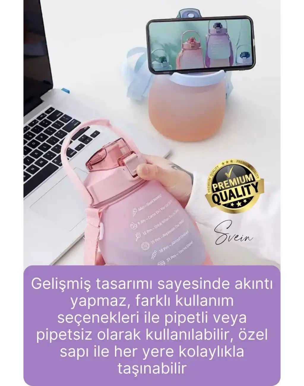 Askılı 1.3 Lt Pipetli Kilitli Sızdırmaz Kapak Çift Renk Motivasyon Suluk Matara Bpa İçermez Tritan