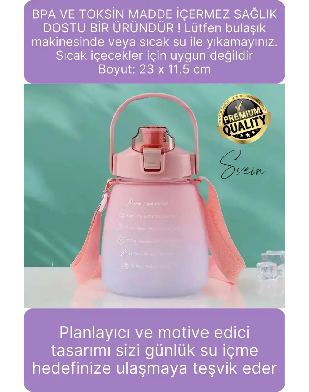 Askılı 1.3 Lt Pipetli Kilitli Sızdırmaz Kapak Çift Renk Motivasyon Suluk Matara Bpa İçermez Tritan