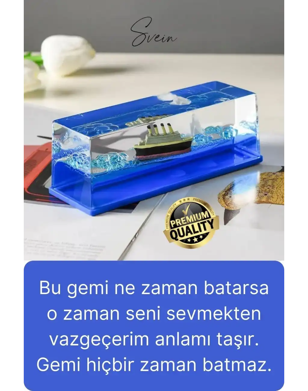 Mavi Su Akvaryum Dikdörtgen Sevgiliye Özel Batmayan Dekoratif Notlu Aşk Titanik Gemisi