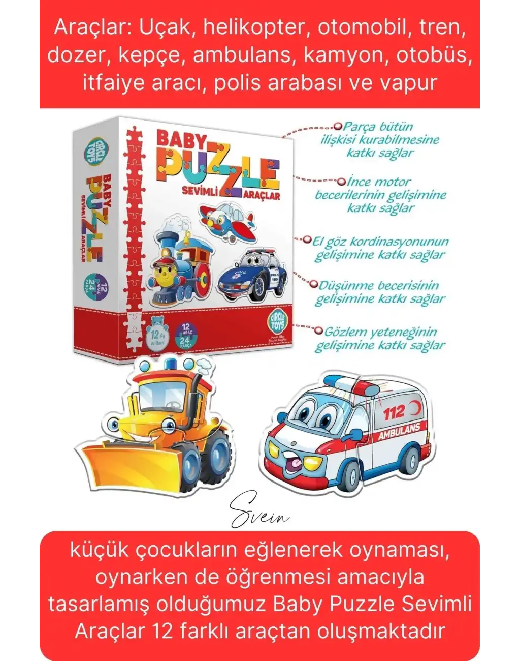 Baby Puzzle Sevimli Araçlar Eğitici Öğretici İnce Motor Beceri Ebeveyn El Göz Koordinasyon