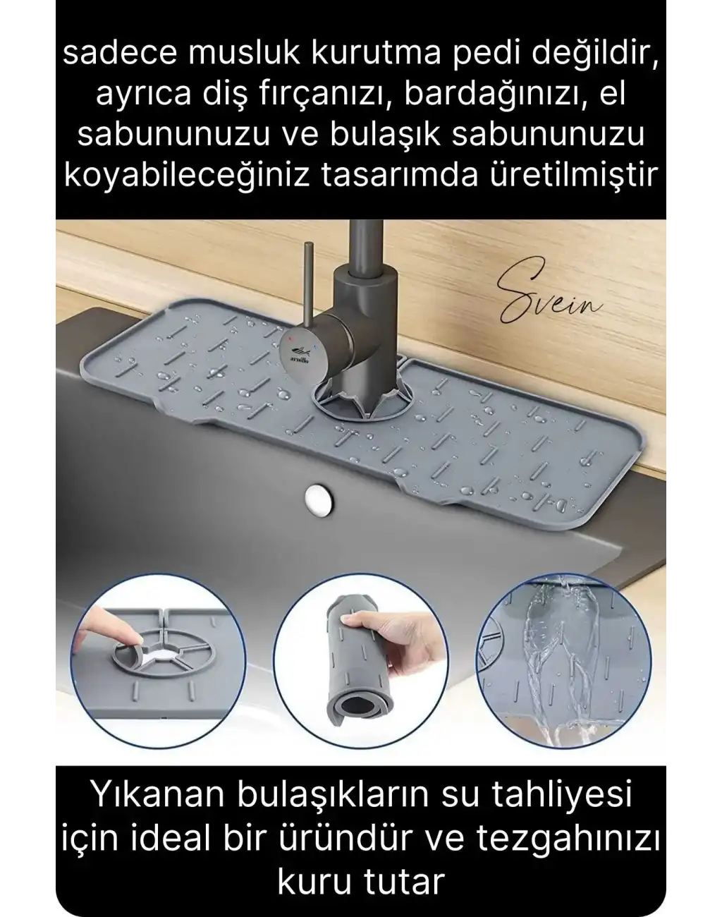 Mutfak Banyo Lavabo Silikon Musluk Arkası Mat Su Tutucu Koruyucu Tezgah Üstü Bulaşık Kurutma Pedi