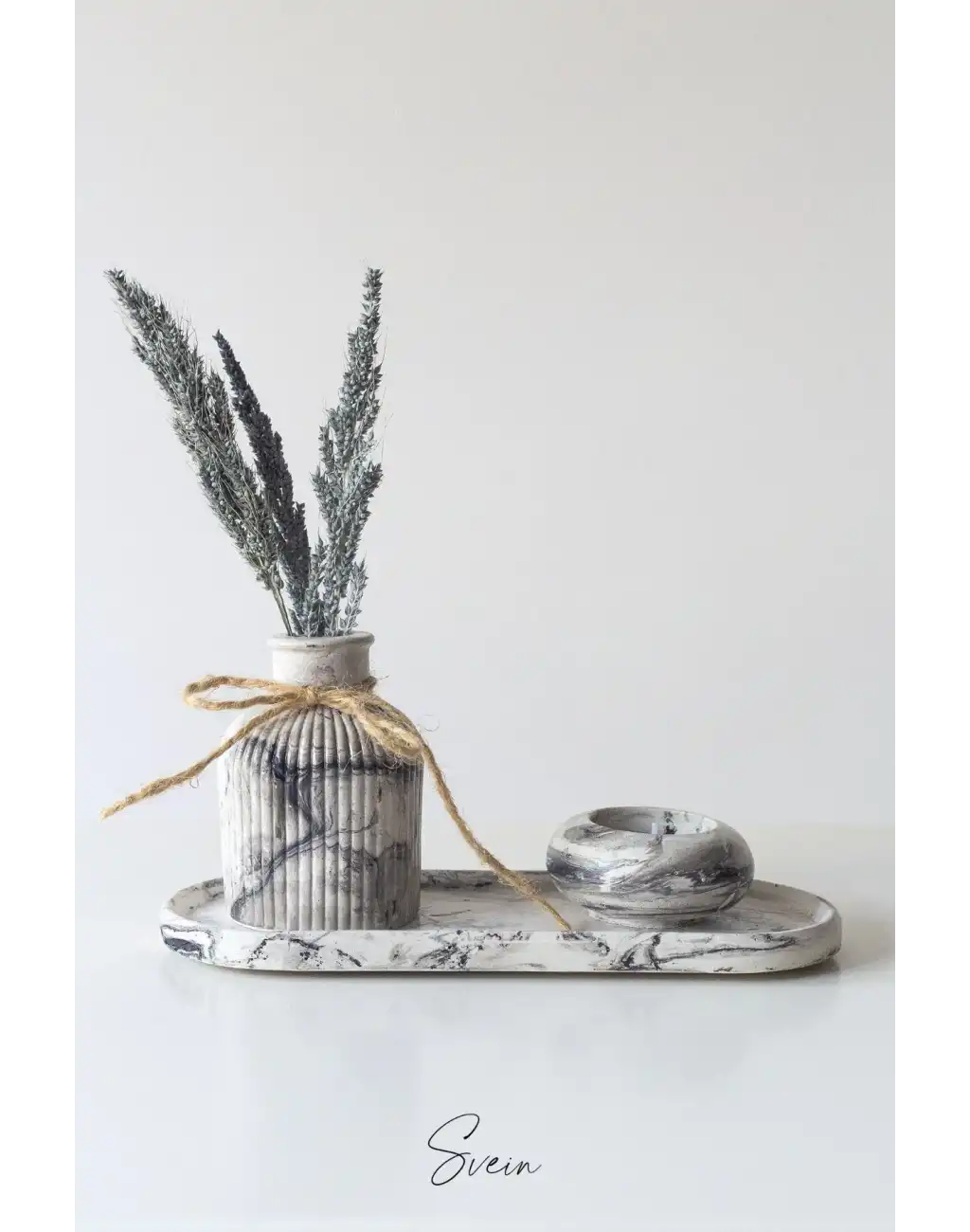 Premium Özel Tasarım Mermer Görünümlü Dekoratif Siyah Beyaz Taş Sunumluk Mumluk Vazo Aksesuar Seti